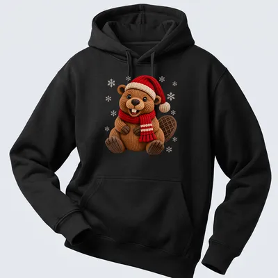 Illustration of a cute beaver wearing a Christmas hat and scarf in knit style — printed on a unisex hoodie