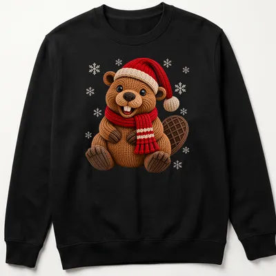 Illustration of a cute beaver wearing a Christmas hat and scarf in knit style — printed on a unisex sweatshirt