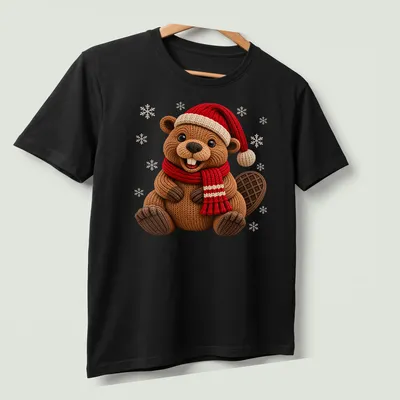 Illustration of a cute beaver wearing a Christmas hat and scarf in knit style — printed on a unisex t-shirt (angled view)