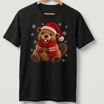 Illustration of a cute beaver wearing a Christmas hat and scarf in knit style