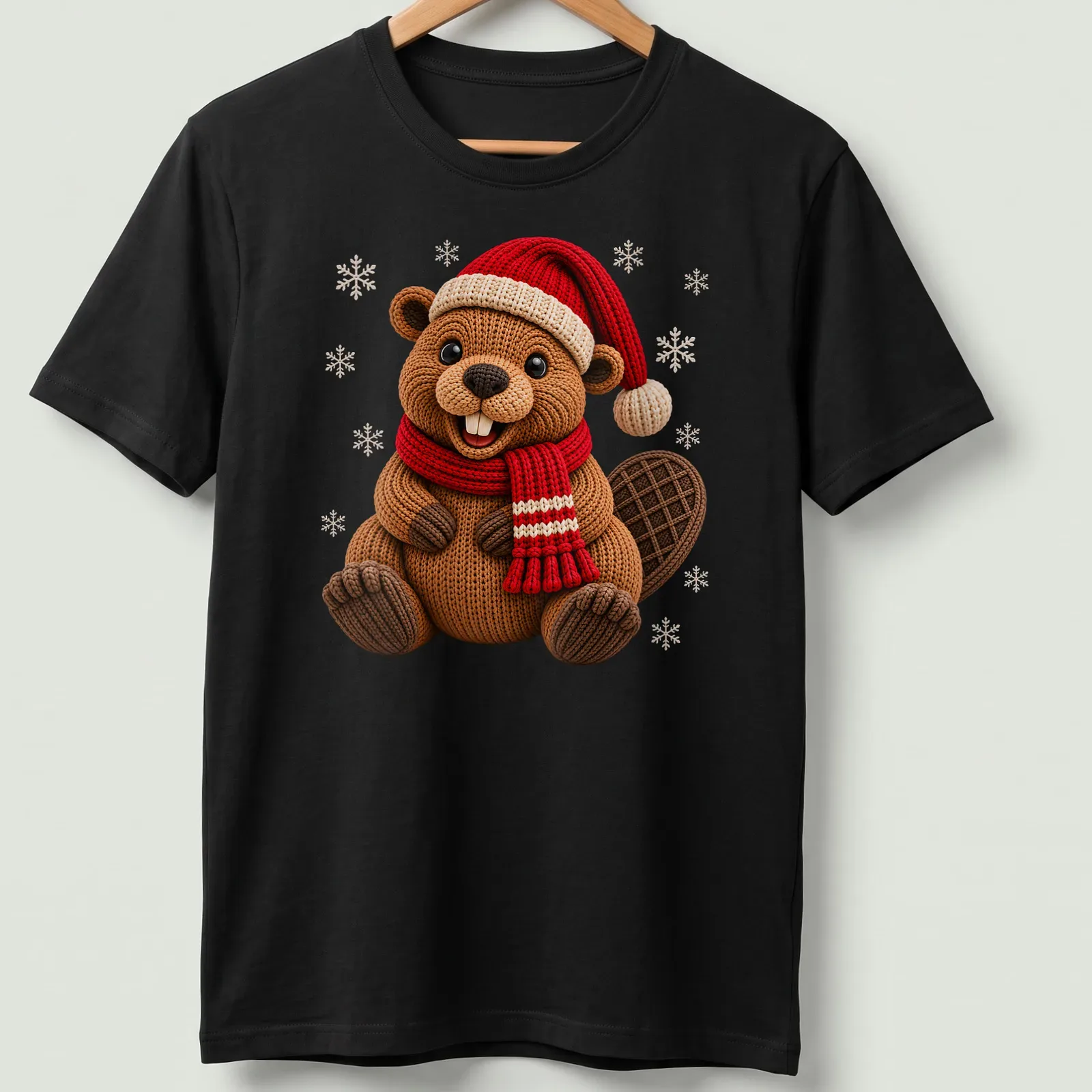 Illustration of a cute beaver wearing a Christmas hat and scarf in knit style — printed on a unisex t-shirt