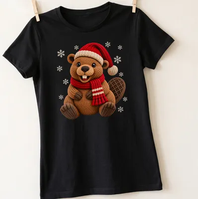 Illustration of a cute beaver wearing a Christmas hat and scarf in knit style — printed on a women's shirt