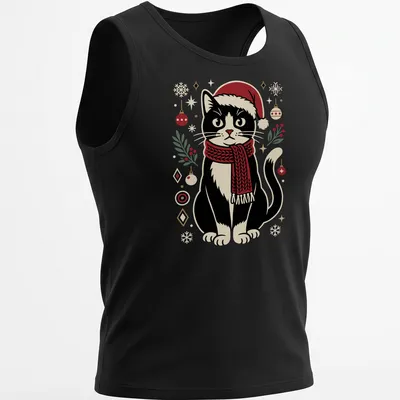 Vintage illustration of a cute black cat in a Santa hat with ornaments — printed on a tank top