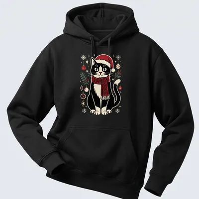 Vintage illustration of a cute black cat in a Santa hat with ornaments — printed on a unisex hoodie