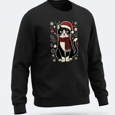 Vintage illustration of a cute black cat in a Santa hat with ornaments — printed on a unisex sweatshirt