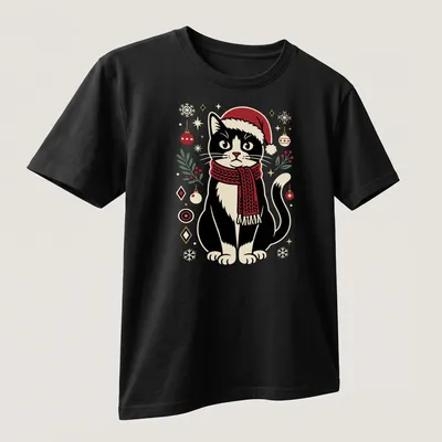 Vintage illustration of a cute black cat in a Santa hat with ornaments — printed on a unisex t-shirt (angled view)