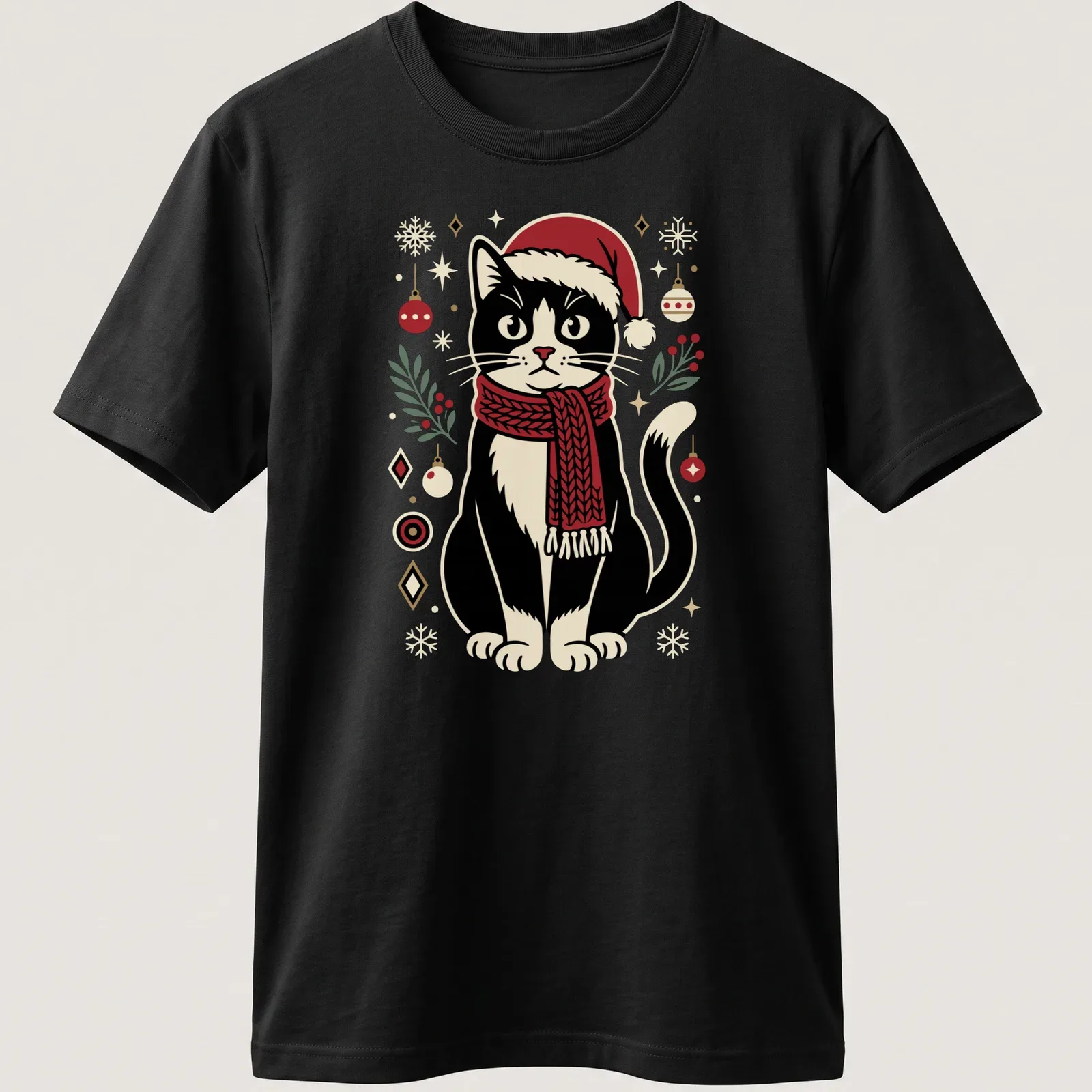 Vintage illustration of a cute black cat in a Santa hat with ornaments — printed on a unisex t-shirt