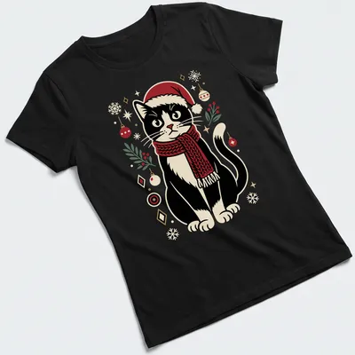 Vintage illustration of a cute black cat in a Santa hat with ornaments — printed on a women's shirt