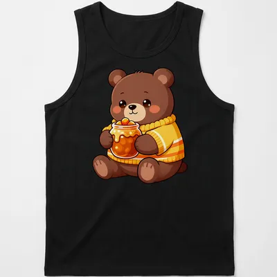 Kawaii style bear cub holding a jar of candy corn in brown and orange — printed on a tank top