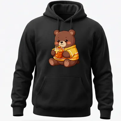 Kawaii style bear cub holding a jar of candy corn in brown and orange — printed on a unisex hoodie