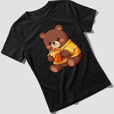 Kawaii style bear cub holding a jar of candy corn in brown and orange — printed on a women's shirt