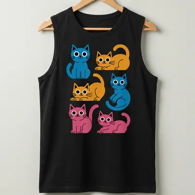 Kawaii-style shirt featuring colorful cartoon cats in blue, orange, and pink — printed on a tank top