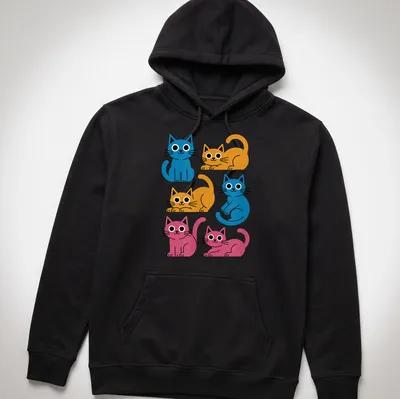Kawaii-style shirt featuring colorful cartoon cats in blue, orange, and pink — printed on a unisex hoodie