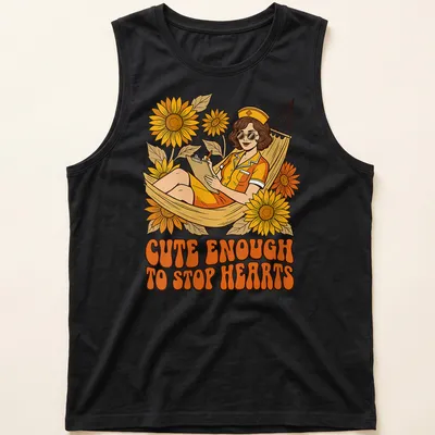 Vintage illustration of a nurse relaxing in a hammock with playful text above — printed on a tank top
