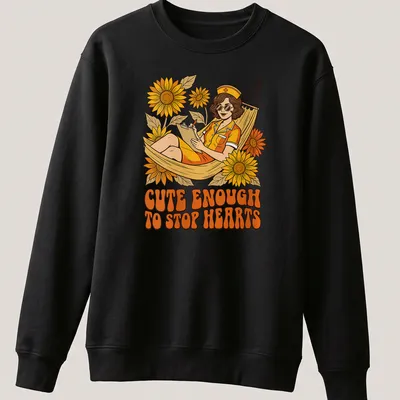 Vintage illustration of a nurse relaxing in a hammock with playful text above — printed on a unisex sweatshirt