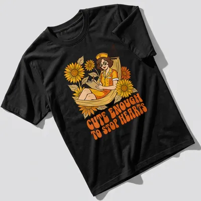 Vintage illustration of a nurse relaxing in a hammock with playful text above — printed on a unisex t-shirt