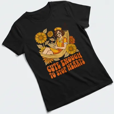 Vintage illustration of a nurse relaxing in a hammock with playful text above — printed on a women's shirt