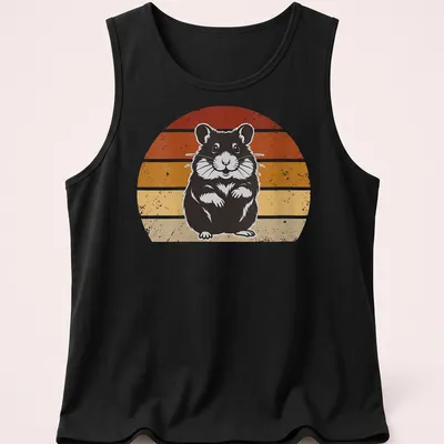 Retro distressed design of a cute hamster in orange, yellow, and red colors. — printed on a tank top