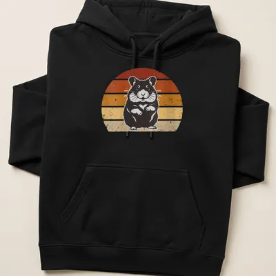 Retro distressed design of a cute hamster in orange, yellow, and red colors. — printed on a unisex hoodie