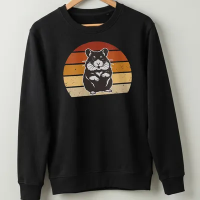 Retro distressed design of a cute hamster in orange, yellow, and red colors. — printed on a unisex sweatshirt
