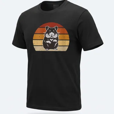 Retro distressed design of a cute hamster in orange, yellow, and red colors. — printed on a unisex t-shirt