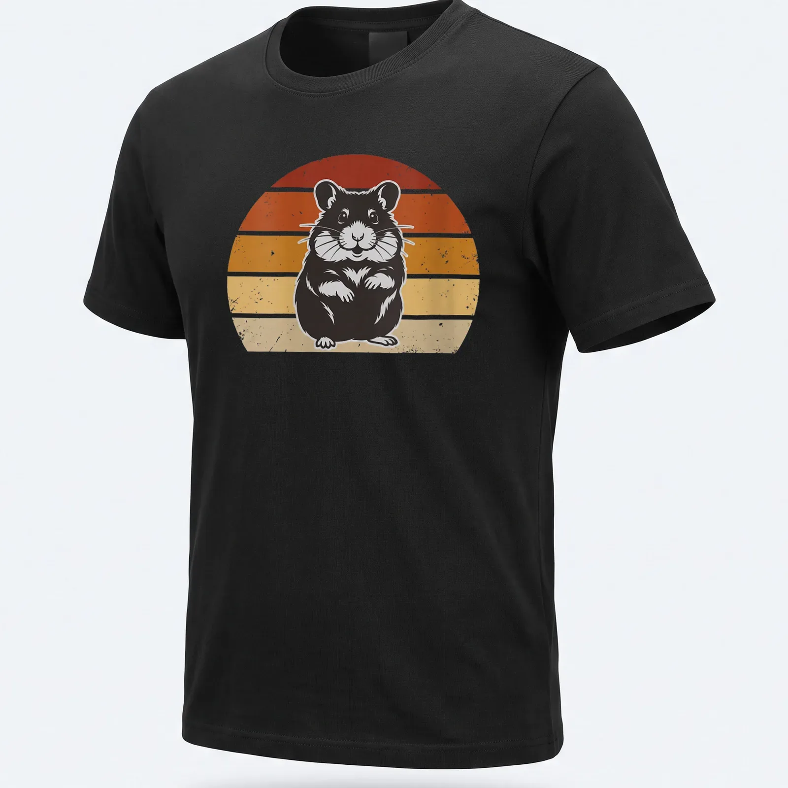 Retro distressed design of a cute hamster in orange, yellow, and red colors. — printed on a unisex t-shirt