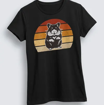 Retro distressed design of a cute hamster in orange, yellow, and red colors. — printed on a women's shirt
