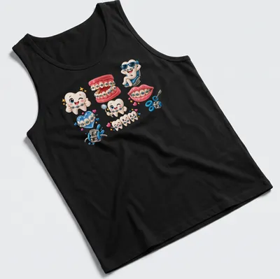 Kawaii illustration of cartoon teeth with braces in various colors — printed on a tank top