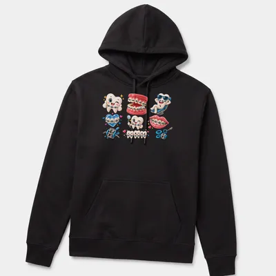 Kawaii illustration of cartoon teeth with braces in various colors — printed on a unisex hoodie