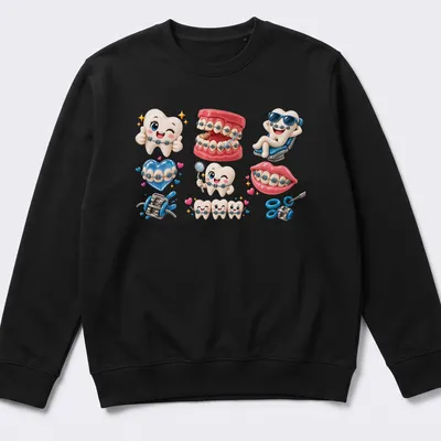 Kawaii illustration of cartoon teeth with braces in various colors — printed on a unisex sweatshirt