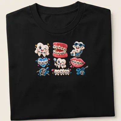 Kawaii illustration of cartoon teeth with braces in various colors — printed on a unisex t-shirt