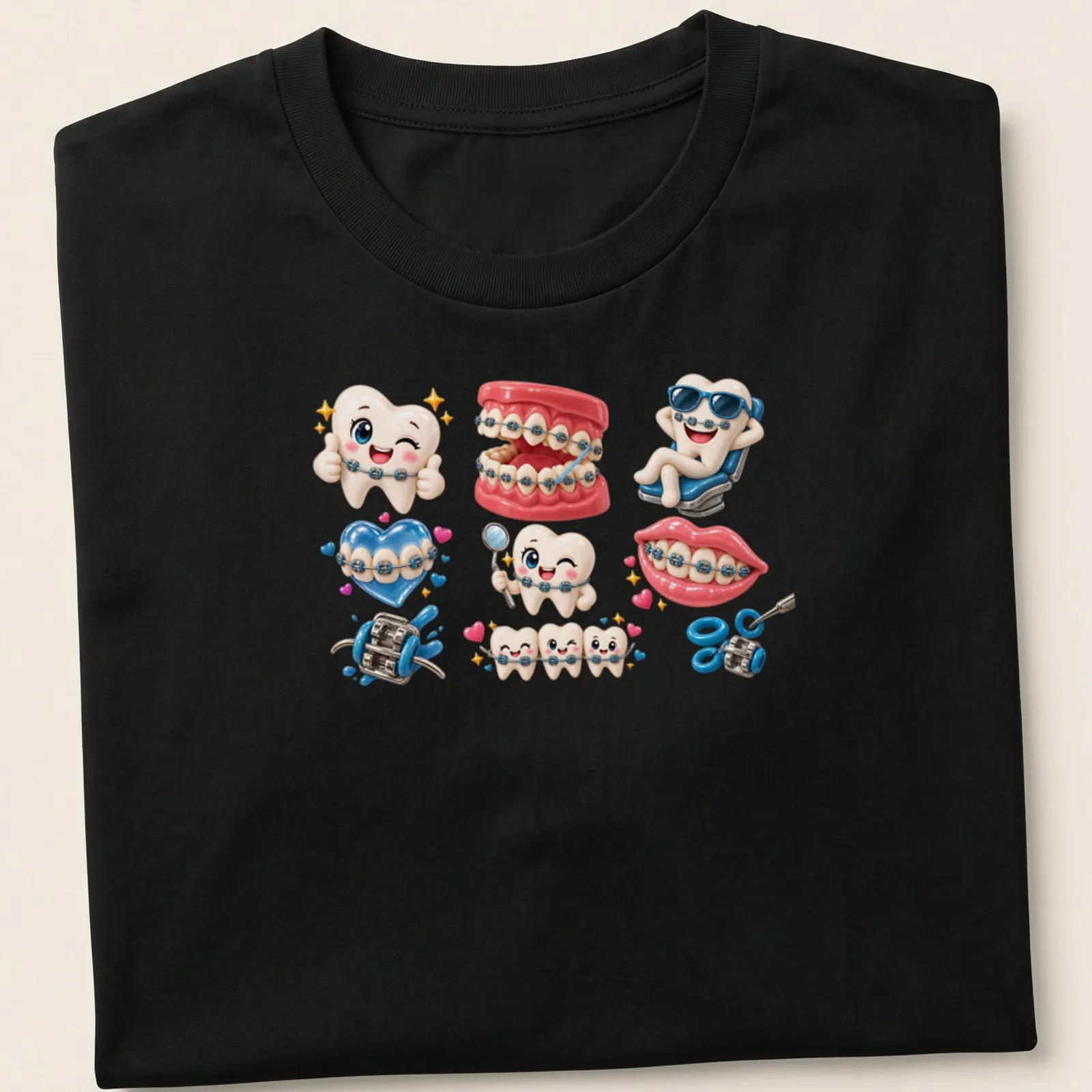 Kawaii illustration of cartoon teeth with braces in various colors — printed on a unisex t-shirt