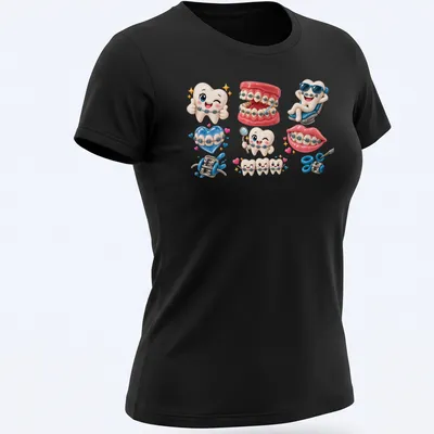 Kawaii illustration of cartoon teeth with braces in various colors — printed on a women's shirt