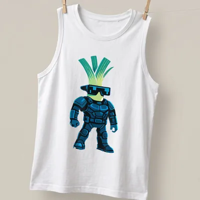 Cartoon cyber leek character in armor, illustrated in blue, green, and black. — printed on a tank top