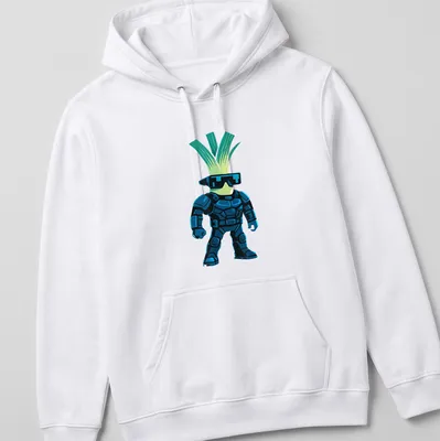Cartoon cyber leek character in armor, illustrated in blue, green, and black. — printed on a unisex hoodie