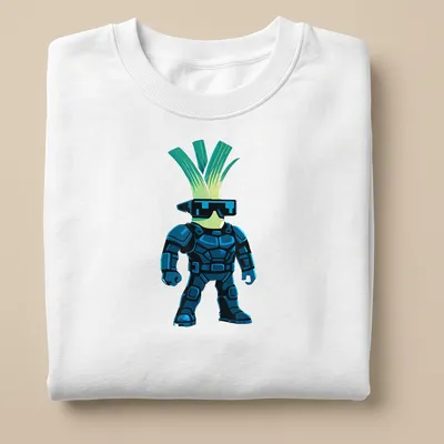 Cartoon cyber leek character in armor, illustrated in blue, green, and black. — printed on a unisex sweatshirt