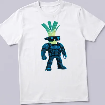 Cartoon cyber leek character in armor, illustrated in blue, green, and black. — printed on a unisex t-shirt