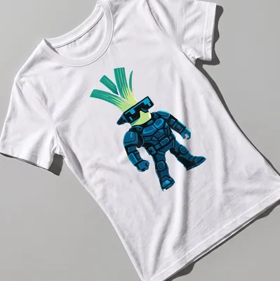 Cartoon cyber leek character in armor, illustrated in blue, green, and black. — printed on a women's shirt