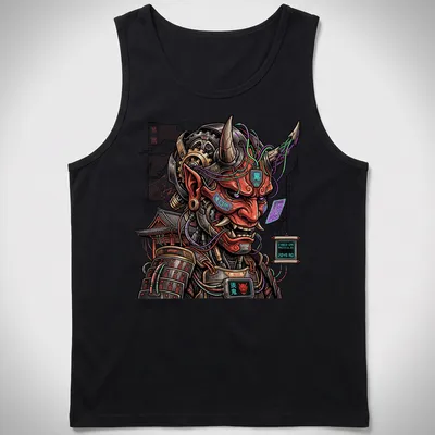 Cyberpunk Oni Samurai Mecha graphic with Japanese text on — printed on a tank top