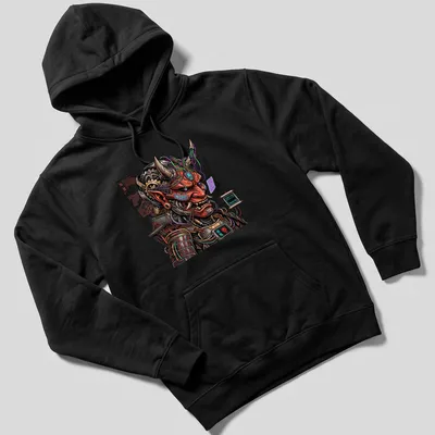 Cyberpunk Oni Samurai Mecha graphic with Japanese text on — printed on a unisex hoodie