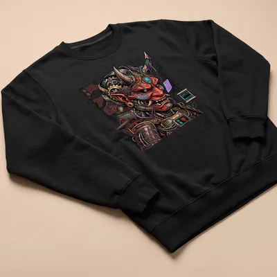Cyberpunk Oni Samurai Mecha graphic with Japanese text on — printed on a unisex sweatshirt