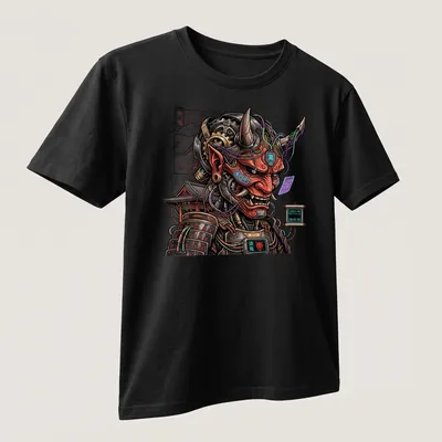Cyberpunk Oni Samurai Mecha graphic with Japanese text on — printed on a unisex t-shirt (angled view)