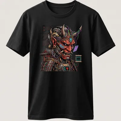 Cyberpunk Oni Samurai Mecha graphic with Japanese text on T-shirt