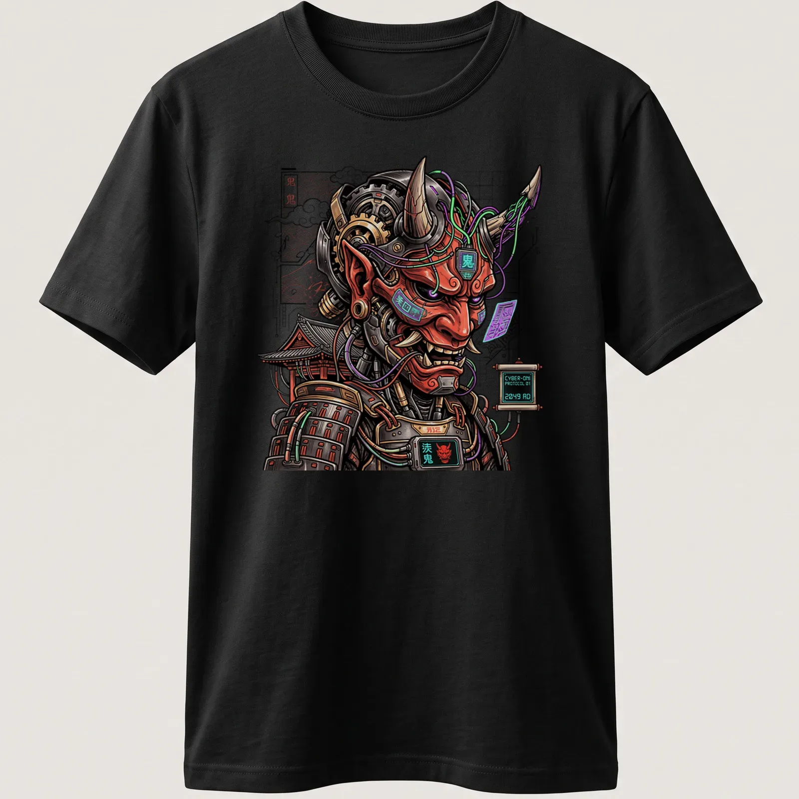 Cyberpunk Oni Samurai Mecha graphic with Japanese text on — printed on a unisex t-shirt