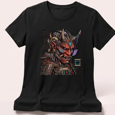 Cyberpunk Oni Samurai Mecha graphic with Japanese text on — printed on a women's shirt