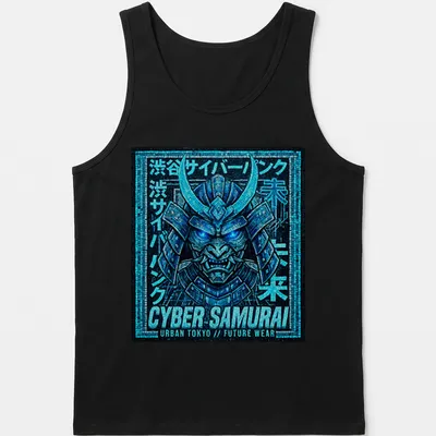 T-shirt featuring a Cyber Samurai in neon mosaic style with Japanese text — printed on a tank top