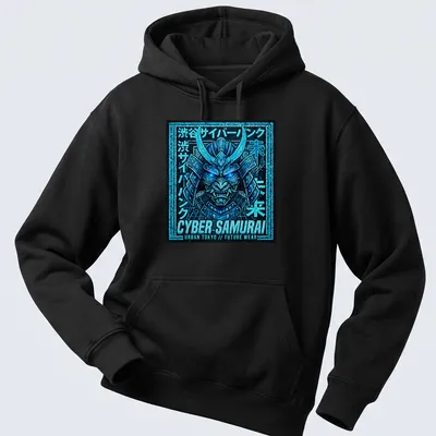 T-shirt featuring a Cyber Samurai in neon mosaic style with Japanese text — printed on a unisex hoodie