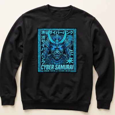 T-shirt featuring a Cyber Samurai in neon mosaic style with Japanese text — printed on a unisex sweatshirt
