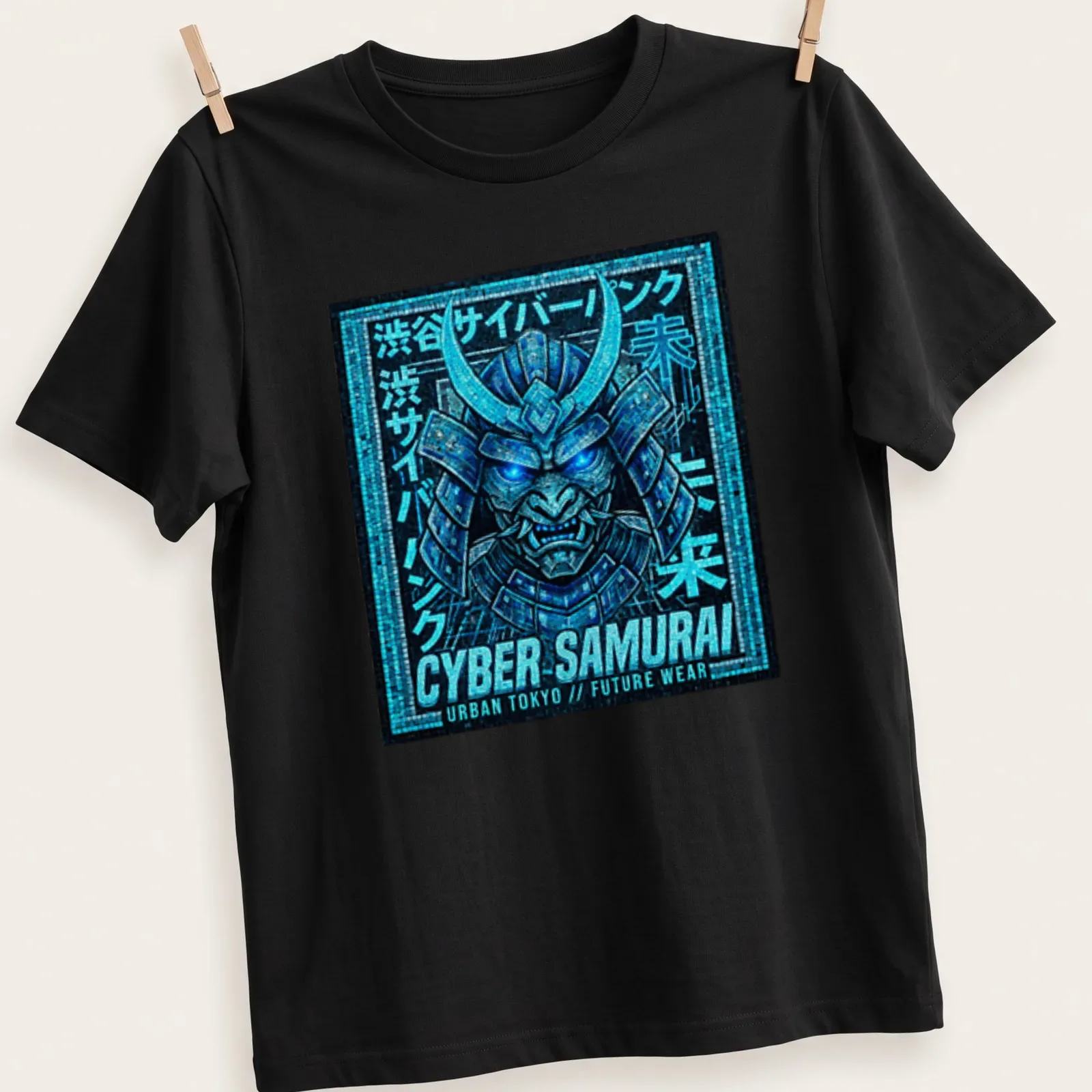T-shirt featuring a Cyber Samurai in neon mosaic style with Japanese text — printed on a unisex t-shirt