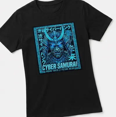T-shirt featuring a Cyber Samurai in neon mosaic style with Japanese text — printed on a women's shirt